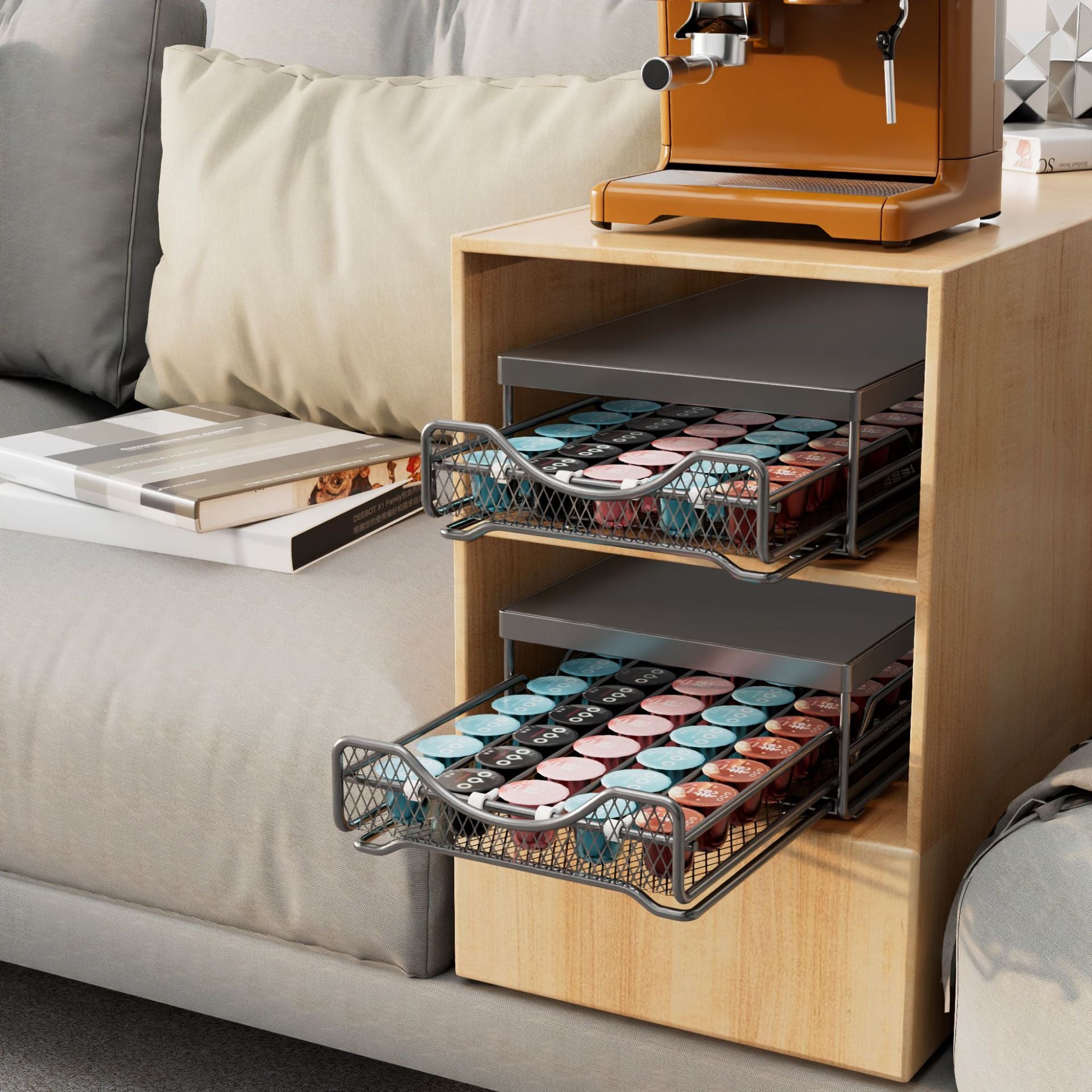 Customized coffee capsule storage rack Pull-out dust storage box Desktop tea bag Coffee machine base rack