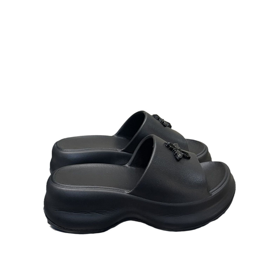 2025 summer new one-strap platform heeled slides - women's wedge sandals with thick sole for height increase, beach shoes, and lazy day comfort