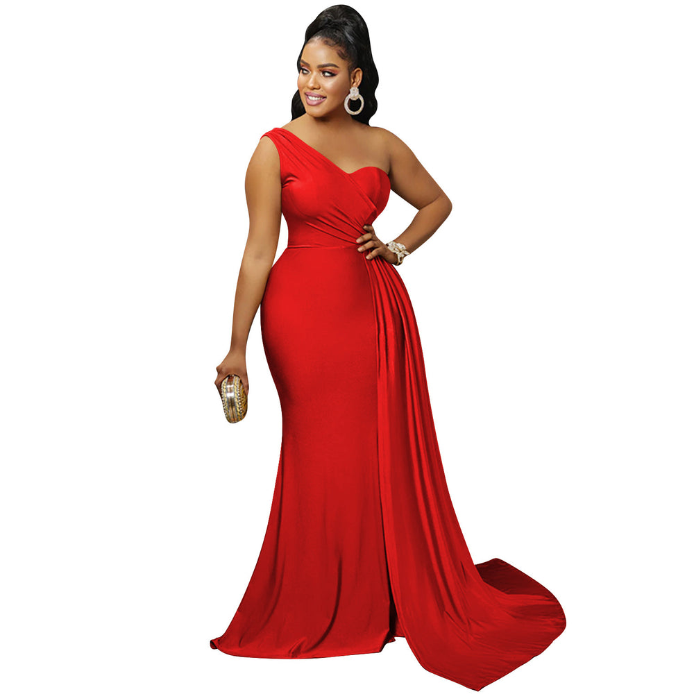 X5819 european and american new arrival   fashion solid color party bodycon one-shoulder sleeve maxi dress for women