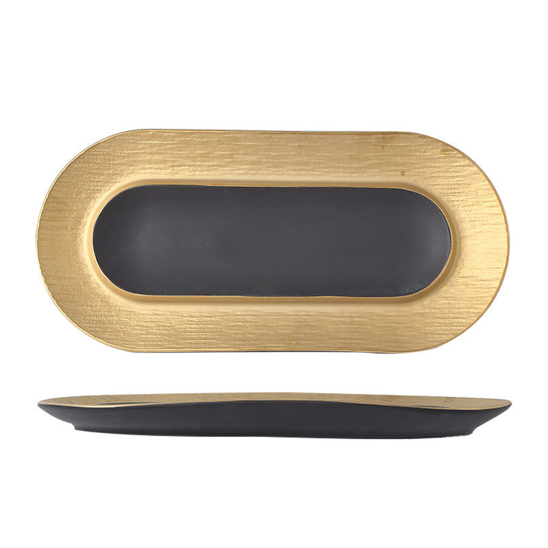Nordic creative electroplated embossed dinnerware ceramic long plate sushi plate western pastry dessert oval serving tray