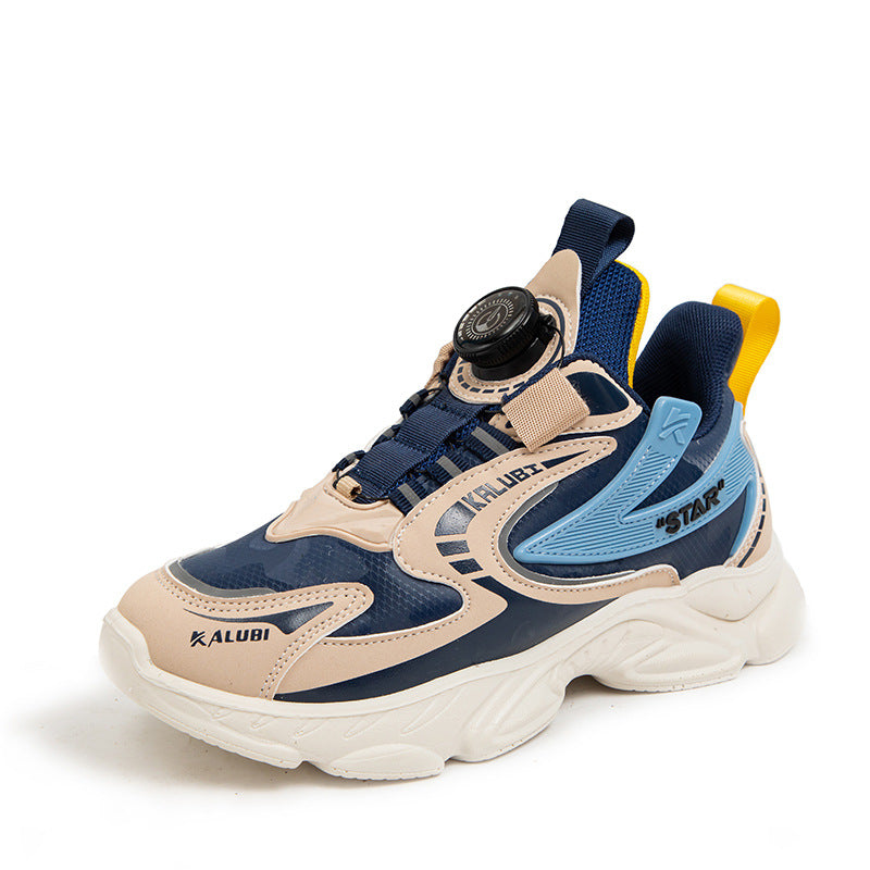 New leather sports running shoes for primary and secondary school students, rotating buckle handsome boys, spring and autumn versatile basketball shoes for girls