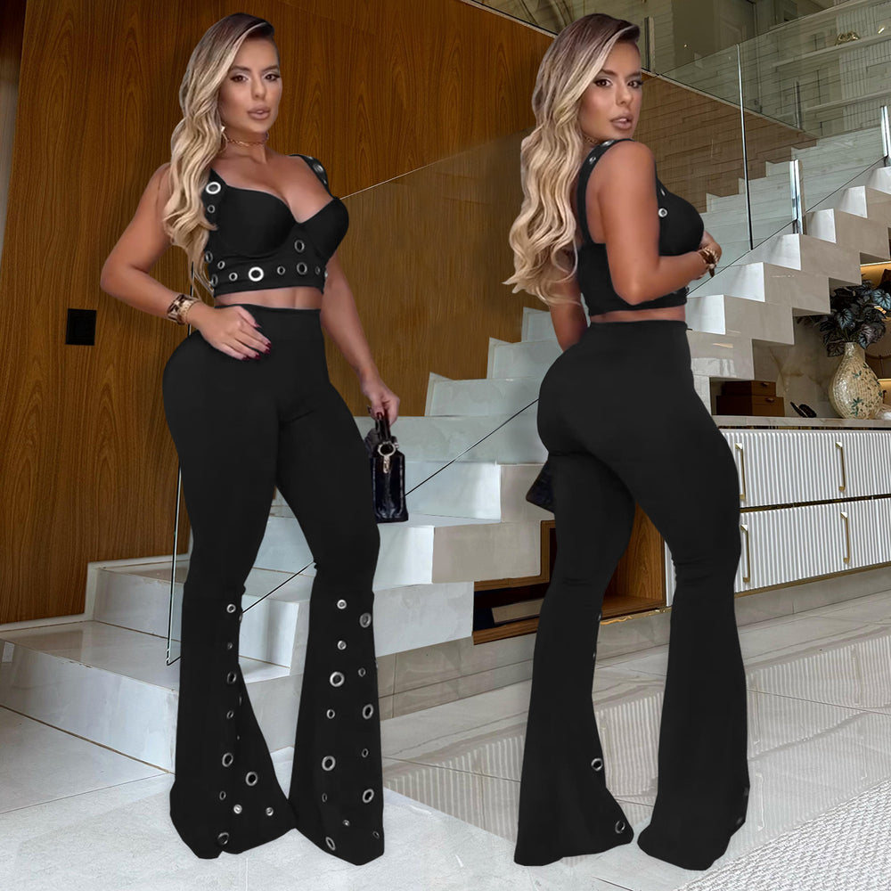 C7451 cross-border   fashion women's elegant sexy top and wide-leg pants two-piece set