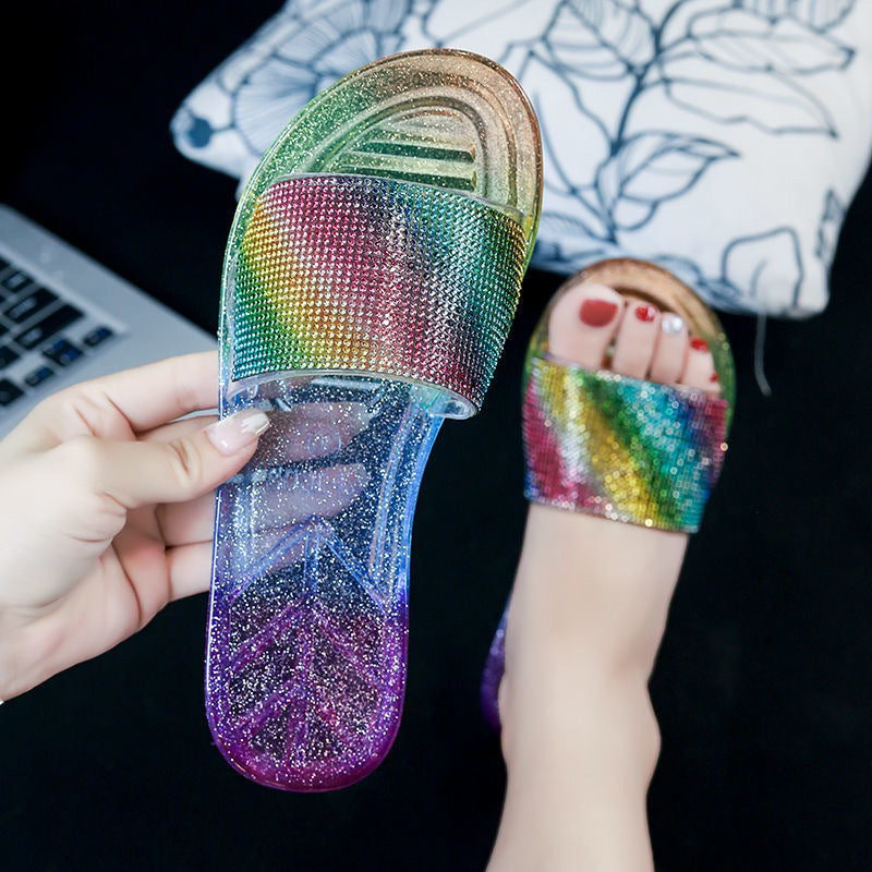 2024 new fashion women's slippers - summer rhinestone stylish ladies' outdoor wear, girly heart-shaped flat color block sandals