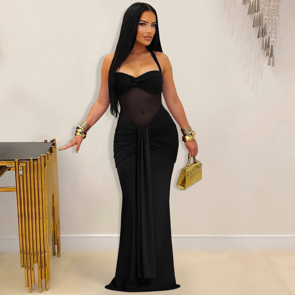 C7608 cross-border   fashion women's sexy see-through mesh halter tie-up dress