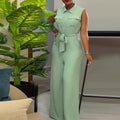 Ready-to-ship european and american women's clothing:  summer new arrival - turn-down collar, pocketed, cinched waist, loose wide-leg sleeveless jumpsuit