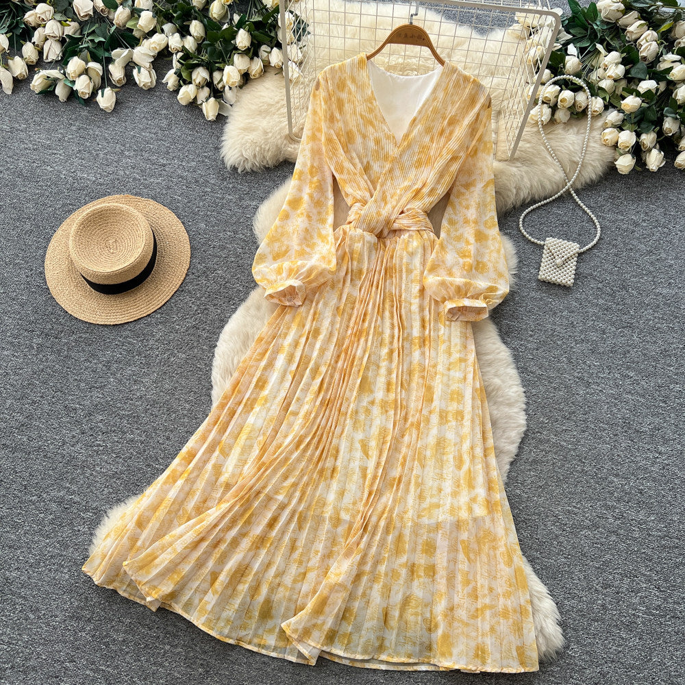 French riviera style v-neck lantern sleeve printed dress - women's summer korean style slimming a-line maxi dress