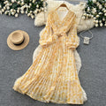French riviera style v-neck lantern sleeve printed dress - women's summer korean style slimming a-line maxi dress