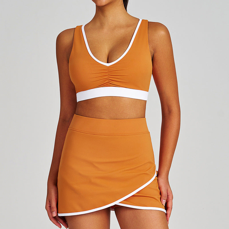 Color block ruched shockproof quick-dry shorts, fitness top, sports bra, underwear, yoga tennis skirt set for women