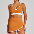 Color block ruched shockproof quick-dry shorts, fitness top, sports bra, underwear, yoga tennis skirt set for women