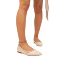 European and american fashion women's apricot pointed-toe flats with pearl rivets - vintage elegant commuter shoes