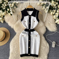 Luxury sleeveless color block knit dress - women's polo collar, single-breasted design, unique and chic