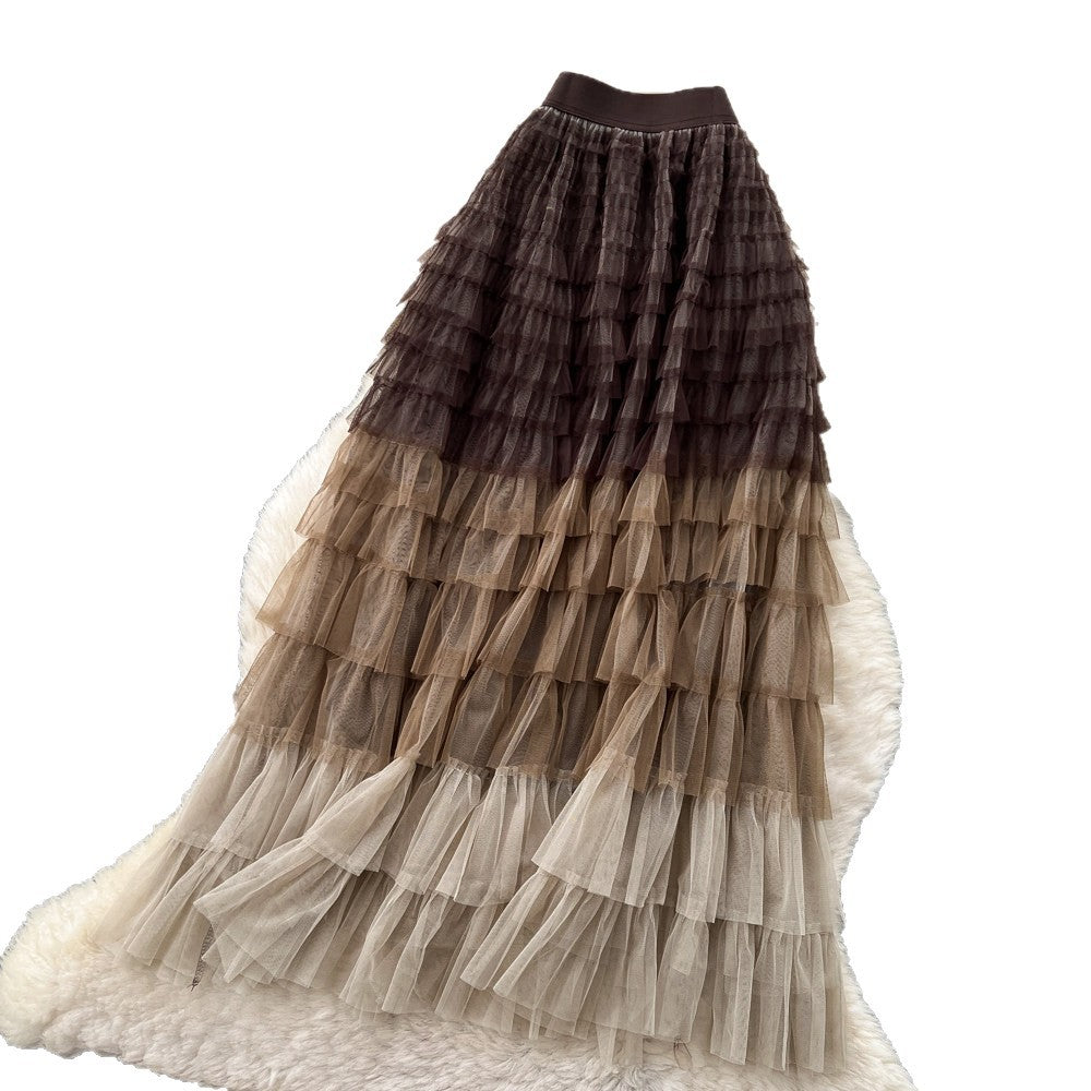 K-stylehigh waist mesh cake elegant skirt women's summerslimming look to cover the crotch multi-layer puffy skirt easiest for match medium long