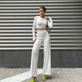European and american cross-border women's fashion:  autumn new collection - stylish and elegant ribbed long-sleeve cropped top and wide-leg pants two-piece set