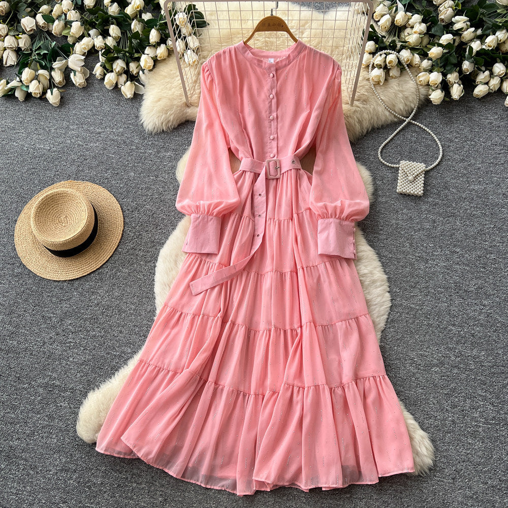 French pink bubble sleeve rhinestone dress - women's summer cinched waist ruffle tiered a-line maxi dress - elegant style