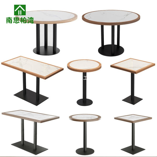 Solid wood hemming rock slab dining table milk tea coffee shop tea house Chinese and Western restaurant hot pot table storage drawer hotel table and chairs