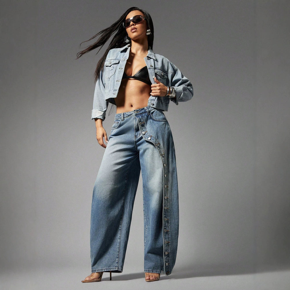 High street fashionjeans women's diagonal metal buckle loose pants gradient washed loosedraped denim moppants