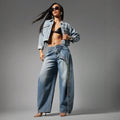 High street fashionjeans women's diagonal metal buckle loose pants gradient washed loosedraped denim moppants