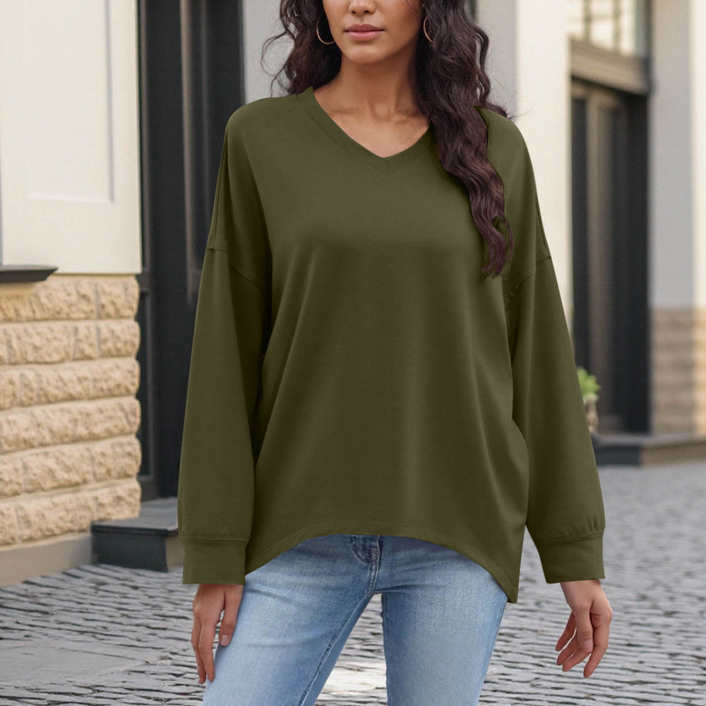 cross-border new women's fashion casual solid color v-neck long sleeve top hoodless sweatshirt