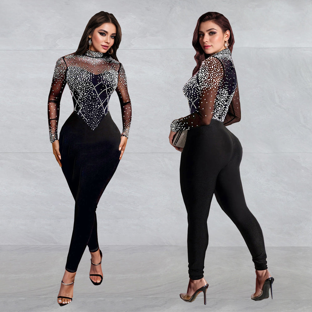 C7137 cross-border   fashion women's sexy mesh rhinestone textured banquet jumpsuit