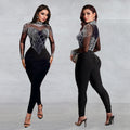 C7137 cross-border   fashion women's sexy mesh rhinestone textured banquet jumpsuit