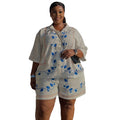 European and american style women's clothing  autumn new collection: sweet and fresh printed turn-down collar short-sleeve shirt and high-waisted straight-leg pants two-piece set