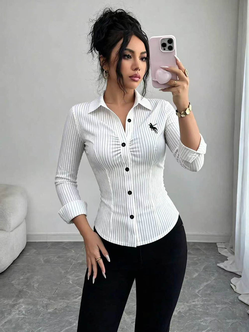 Fashion  workplace elastic stripesshirt pony logo embroider waist pleated long sleeveswork clothingsilm small