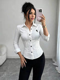 Fashion  workplace elastic stripesshirt pony logo embroider waist pleated long sleeveswork clothingsilm small