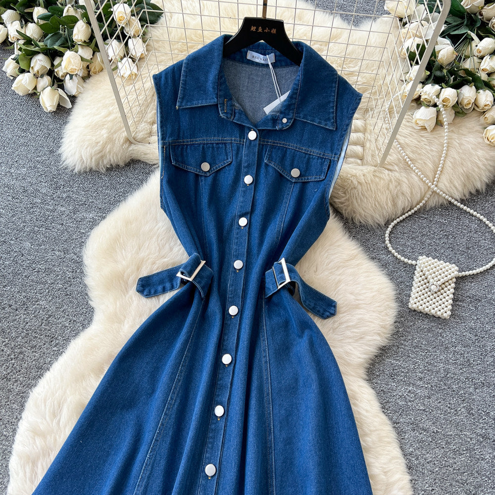 Korean style premium turn-down collar sleeveless single-breasted denim dress - women's summer slimming, figure-flattering, elegant maxi dress