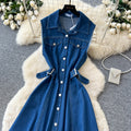 Korean style premium turn-down collar sleeveless single-breasted denim dress - women's summer slimming, figure-flattering, elegant maxi dress