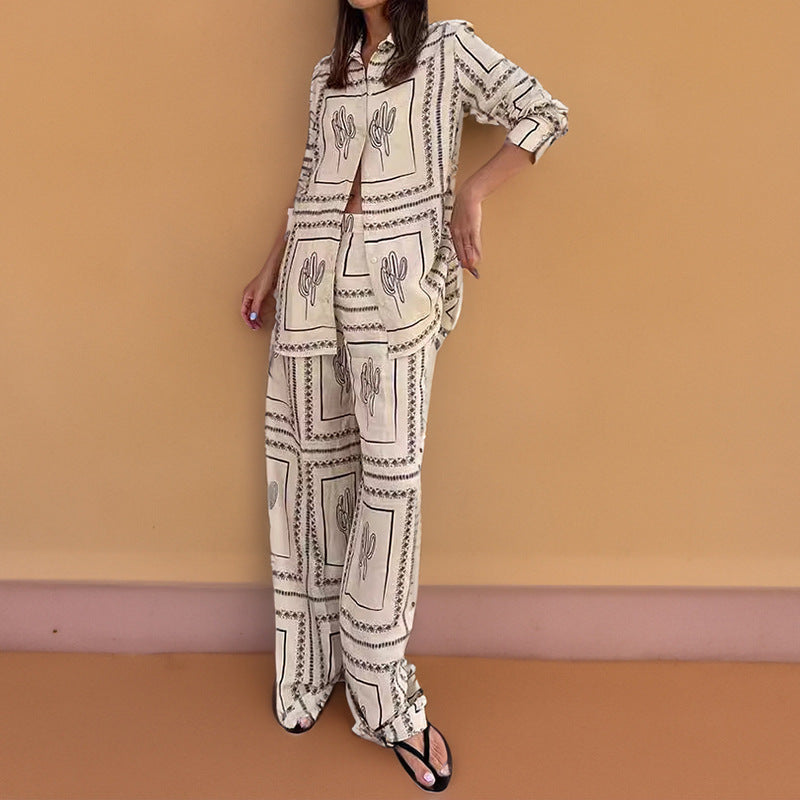 summer new women's clothing: cross-border export fashion set - european and american style casual printed long-sleeve shirt and wide-leg pants