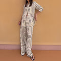 summer new women's clothing: cross-border export fashion set - european and american style casual printed long-sleeve shirt and wide-leg pants