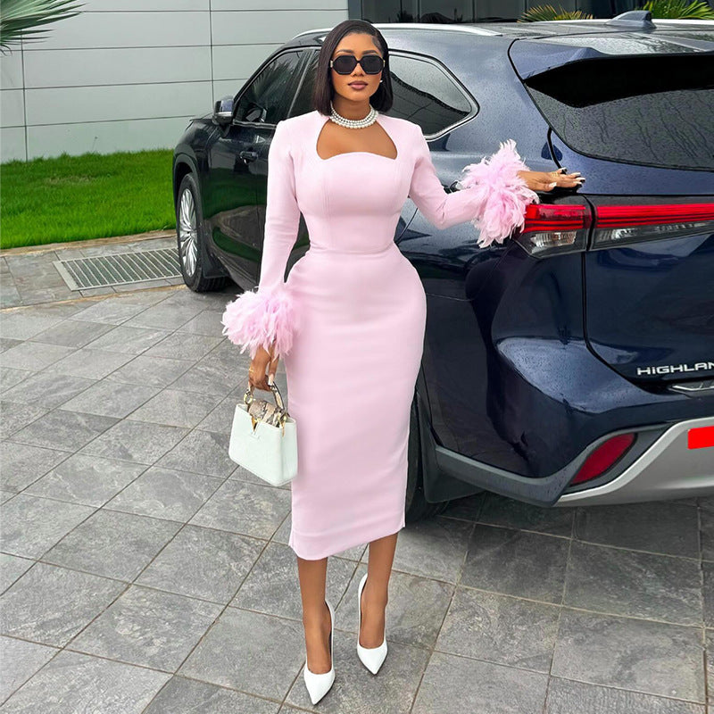 European and american women's clothing  summer new sweet and fresh square neck long sleeve feather trim high waist slimming dress