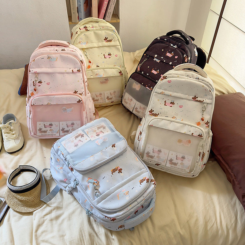 K-style cartoon dachshund dog backpack for women, large capacity, junior high school student school bag, frosted flap pocket pants, two-dimensional pain bag