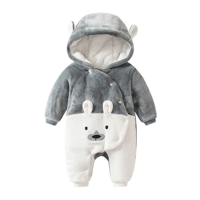 Autumn and winter baby onesie, double-layered and thickened, hooded bear design, baby romper, trendy instagram-style crawler suit, 6-month children's clothing wholesale