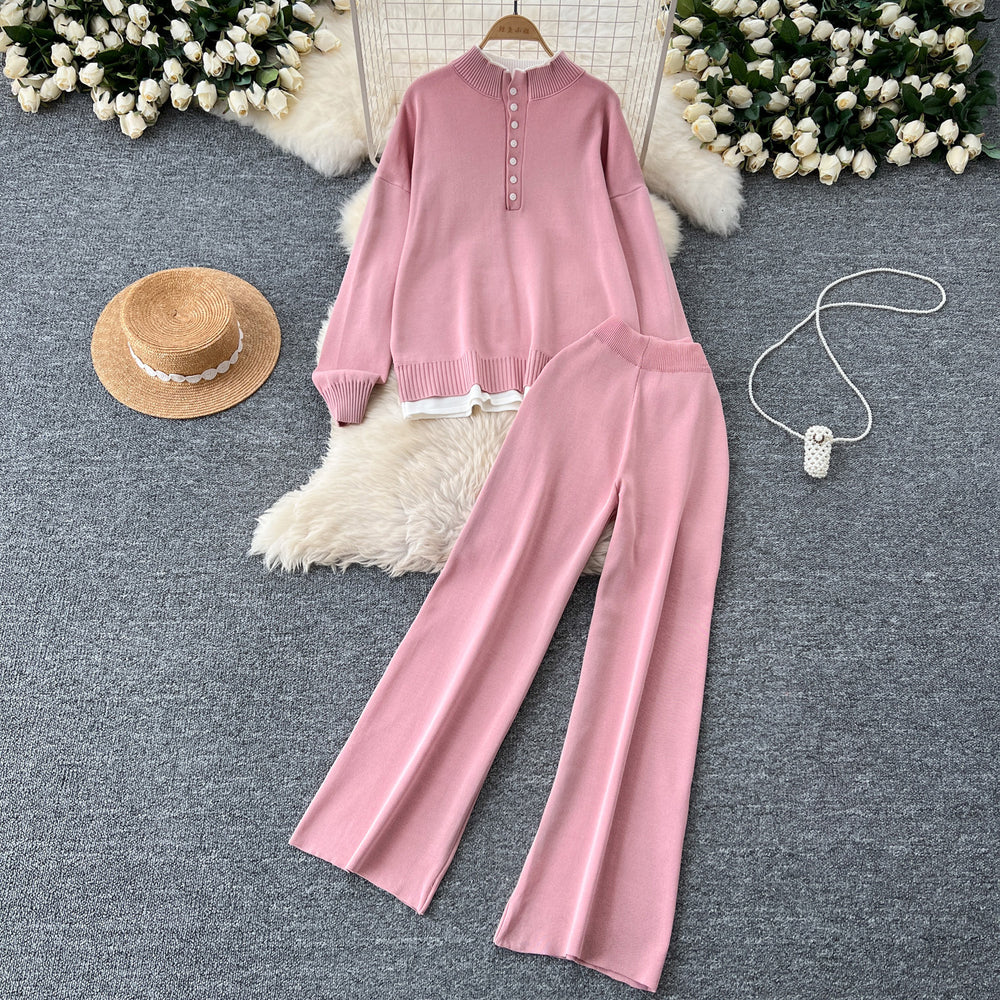 Gentle style two-piece set women's easiest for match stand collar single breasted cardigan pullover knitting shirt sweatercasualloose pants pants