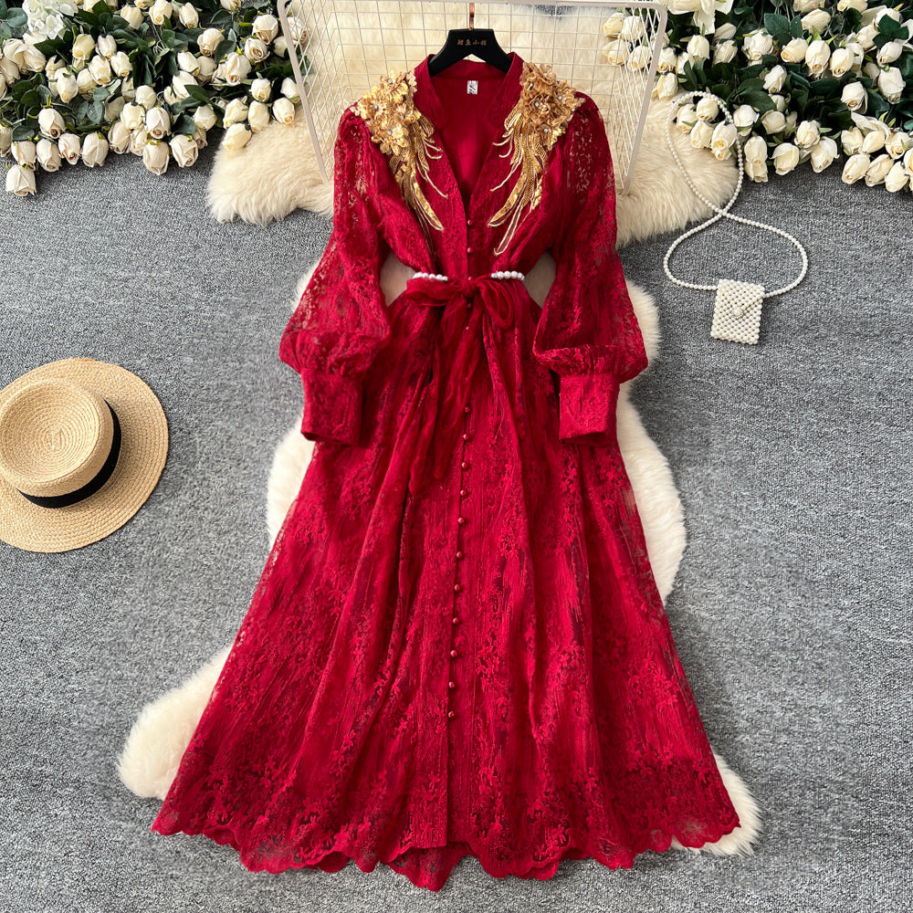 Elegant and sophisticated embroidered beaded sequin floral v-neck lantern sleeve single-breasted waist-cinching slimming embroidered dress for women
