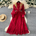 Elegant and sophisticated embroidered beaded sequin floral v-neck lantern sleeve single-breasted waist-cinching slimming embroidered dress for women