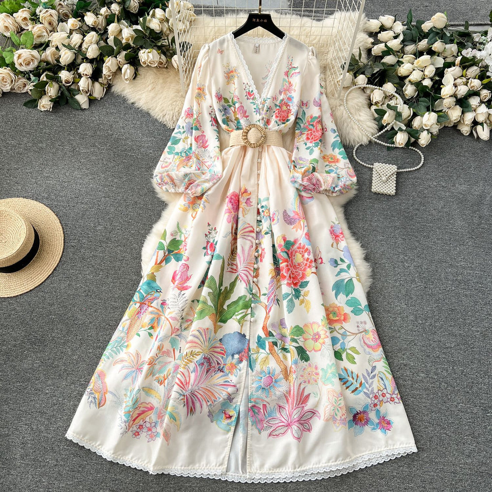 French court style women's sweet lace trim v-neck button-down slim fit long printed dress with unique design