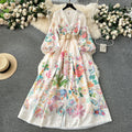 French court style women's sweet lace trim v-neck button-down slim fit long printed dress with unique design