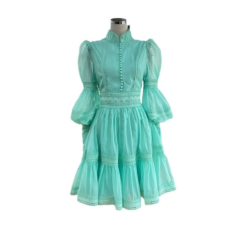 export design: autumn elegant court style lantern sleeve fitted waist dress with stand collar and lace trim mini skirt
