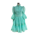 export design: autumn elegant court style lantern sleeve fitted waist dress with stand collar and lace trim mini skirt