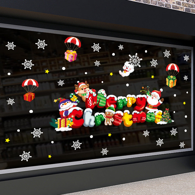 Christmas decoration glass door sticker shop window scene arrangement Santa Claus elk snowflake glue-free static sticker