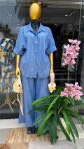 European and american cross-border women's fashion:  summer new collection - striped turn-down collar short-sleeve shirt and high-waisted wide-leg pants set