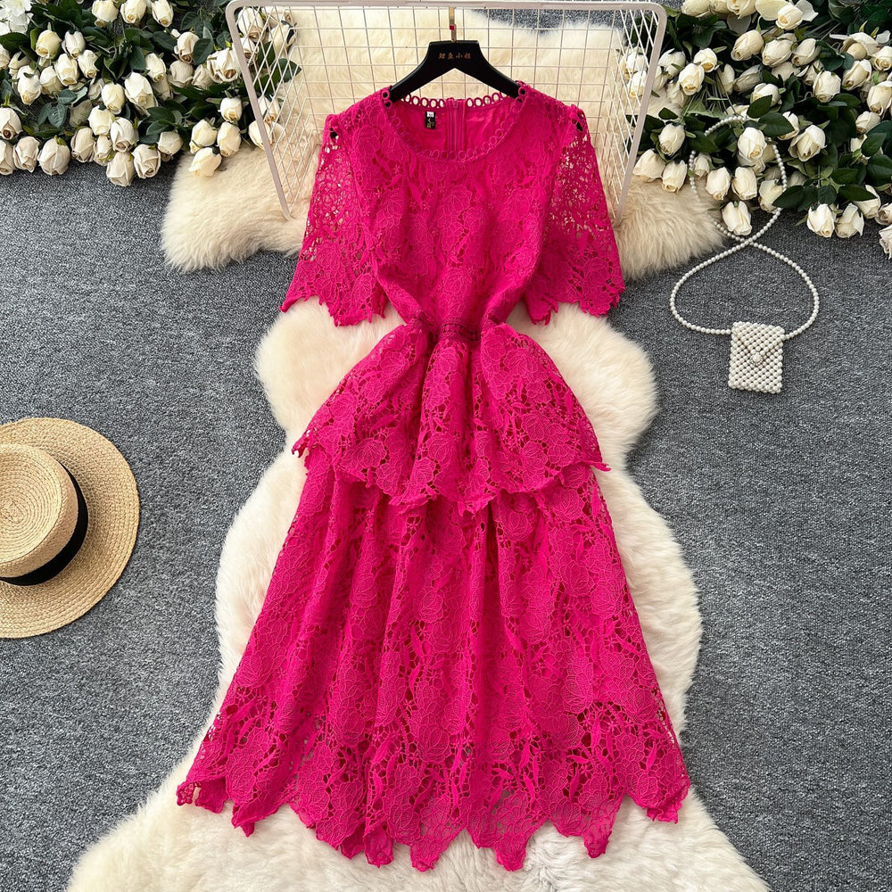 Korean style socialite retro short-sleeve dress - women's summer hollow-out crochet waist design - mature & chic midi dress