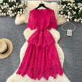 Korean style socialite retro short-sleeve dress - women's summer hollow-out crochet waist design - mature & chic midi dress