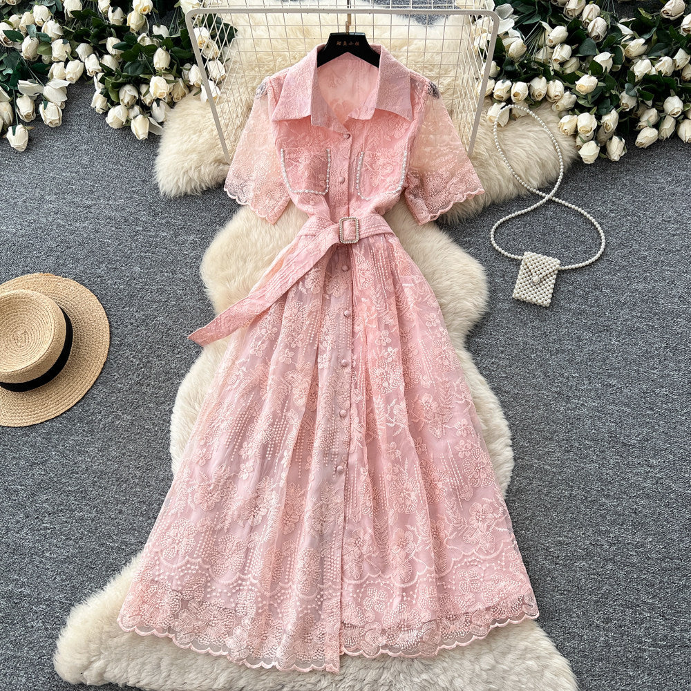 French chic embroidered lace dress - women's summer korean style a-line midi dress with cinched waist - perfect for work and everyday wear