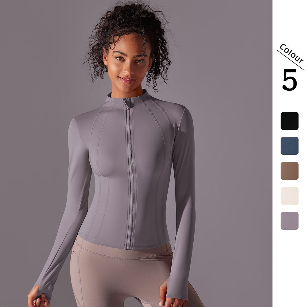 New women's solid color fitted stand collar zip-up long sleeve brushed athletic running fitness long yoga top