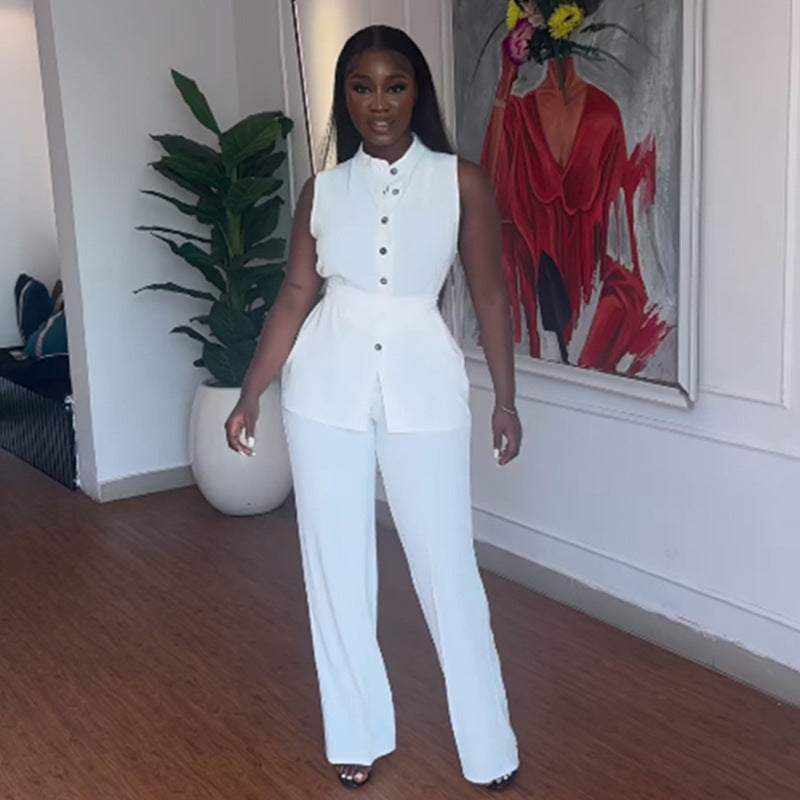Fashion cross-border women's clothing  summer new arrival stand collar buttoned sleeveless waist tie tops wide leg pants suit