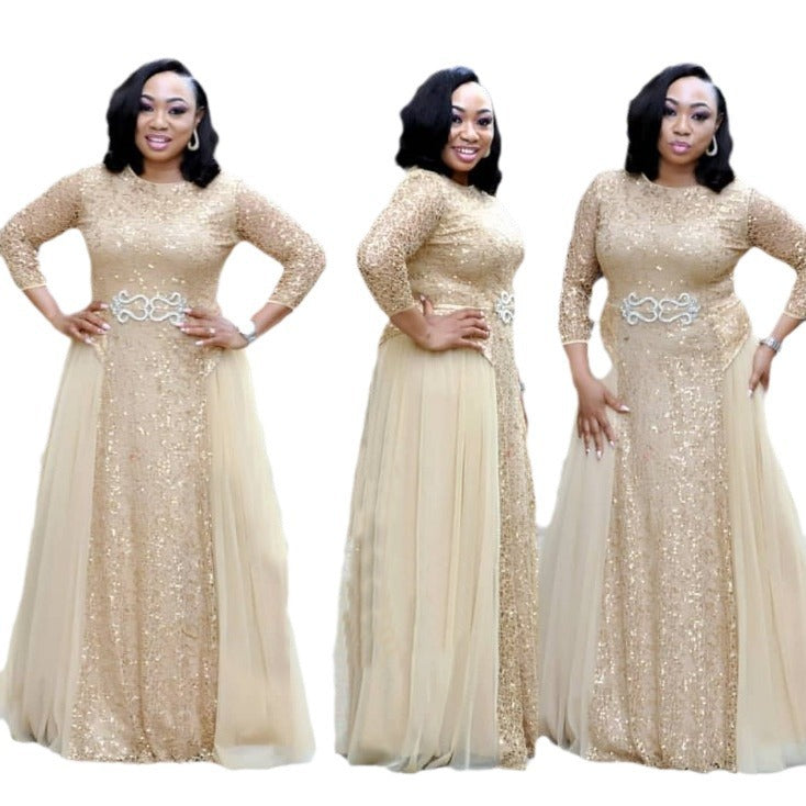 supply lace sequin round neck mid-sleeve everyday dress evening party maxi dress african hot-selling women's clothing