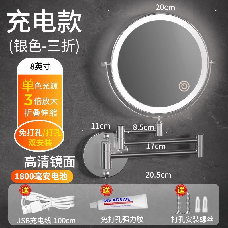 Toilet mirror folding non-punching hotel bathroom cosmetic mirror wall hanging telescopic double-sided LED beauty mirror with lamp